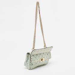 Pre Owned Valentino Light Blue Quilted Coated Fabric Small Rockstud Spike Top Handle Bag
