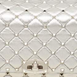 Valentino Silver Quilted Leather Large Rockstud Spike Top Handle Bag
