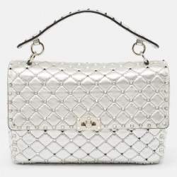 Valentino Silver Quilted Leather Large Rockstud Spike Top Handle Bag