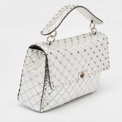 Valentino Silver Quilted Leather Large Rockstud Spike Top Handle Bag