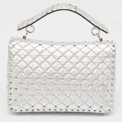Valentino Silver Quilted Leather Large Rockstud Spike Top Handle Bag