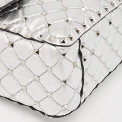 Valentino Silver Quilted Leather Large Rockstud Spike Top Handle Bag