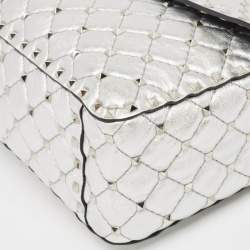 Valentino Silver Quilted Leather Large Rockstud Spike Top Handle Bag