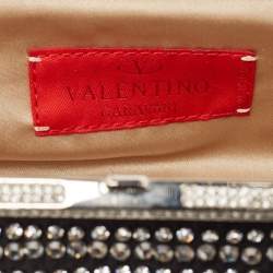 Pre Owned Valentino Black Satin Crystal Studded Frame Chain Clutch