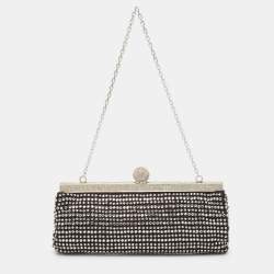 Pre Owned Valentino Black Satin Crystal Studded Frame Chain Clutch