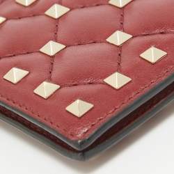 Pre Owned Valentino Burgundy Quilted Leather Rockstud Spike Card Case
