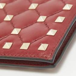 Pre Owned Valentino Burgundy Quilted Leather Rockstud Spike Card Case