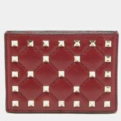 Pre Owned Valentino Burgundy Quilted Leather Rockstud Spike Card Case