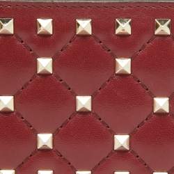 Pre Owned Valentino Burgundy Quilted Leather Rockstud Spike Card Case