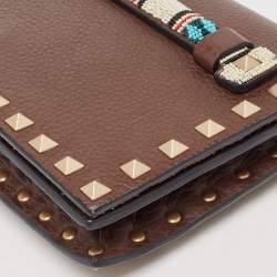Valentino Brown Leather Beaded Rockstud Wristlet Clutch