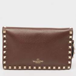 Valentino Brown Leather Beaded Rockstud Wristlet Clutch