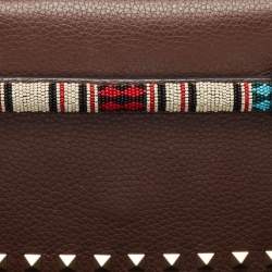 Valentino Brown Leather Beaded Rockstud Wristlet Clutch