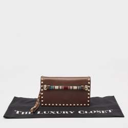 Valentino Brown Leather Beaded Rockstud Wristlet Clutch