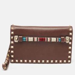 Valentino Brown Leather Beaded Rockstud Wristlet Clutch