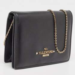 Pre Owned Valentino Black Leather Flap Chain Clutch