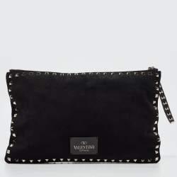 Pre Owned Valentino Black Suede Large Rockstud Embellished Wristlet Pouch