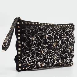 Pre Owned Valentino Black Suede Large Rockstud Embellished Wristlet Pouch