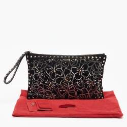 Pre Owned Valentino Black Suede Large Rockstud Embellished Wristlet Pouch