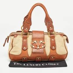 Valentino Brown/Beige Canvas and Leather VLogo Embellished Catch Bag