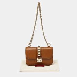 Pre Owned Valentino Brown Leather Small Rockstud Glam Lock Flap Bag