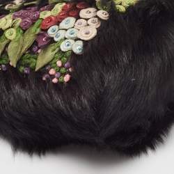 Pre Owned Valentino Black Fur Floral Applique Frame Chain Clutch