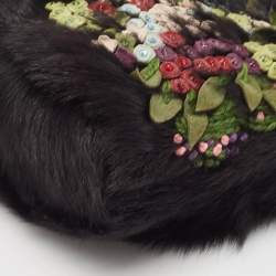 Pre Owned Valentino Black Fur Floral Applique Frame Chain Clutch