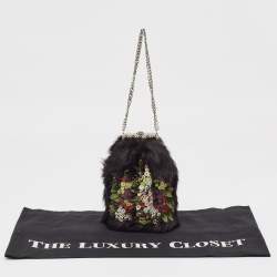 Pre Owned Valentino Black Fur Floral Applique Frame Chain Clutch