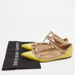 Valentino Yellow/Dusty Pink Leather Rockstud Ankle Strap Flats Size 39