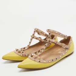 Valentino Yellow/Dusty Pink Leather Rockstud Ankle Strap Flats Size 39