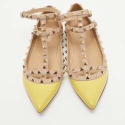 Valentino Yellow/Dusty Pink Leather Rockstud Ankle Strap Flats Size 39