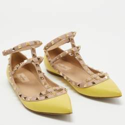 Valentino Yellow/Dusty Pink Leather Rockstud Ankle Strap Flats Size 39