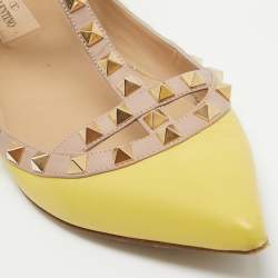 Valentino Yellow/Dusty Pink Leather Rockstud Ankle Strap Flats Size 39