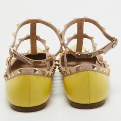 Valentino Yellow/Dusty Pink Leather Rockstud Ankle Strap Flats Size 39