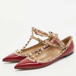 Pre Owned Valentino Red/Beige Patent and Leather Rockstud Ballet Flats  Size 38.5
