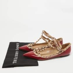 Pre Owned Valentino Red/Beige Patent and Leather Rockstud Ballet Flats  Size 38.5