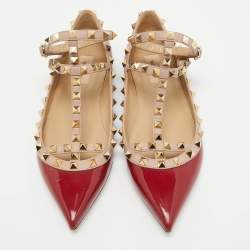 Pre Owned Valentino Red/Beige Patent and Leather Rockstud Ballet Flats  Size 38.5