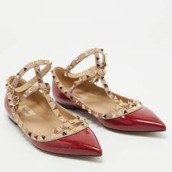 Pre Owned Valentino Red/Beige Patent and Leather Rockstud Ballet Flats  Size 38.5
