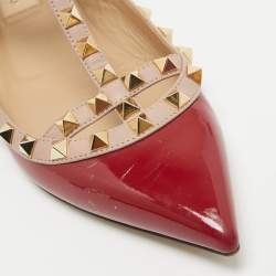 Pre Owned Valentino Red/Beige Patent and Leather Rockstud Ballet Flats  Size 38.5
