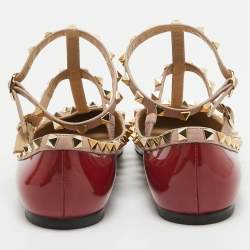 Pre Owned Valentino Red/Beige Patent and Leather Rockstud Ballet Flats  Size 38.5