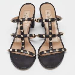 Pre Owned Valentino Black Leather Rockstud Slide Sandals Size 40