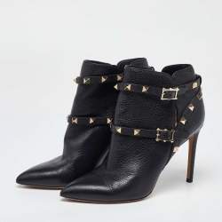 Pre Owned Valentino Black Leather Rockstud Pointed Toe Ankle Boots Size 37