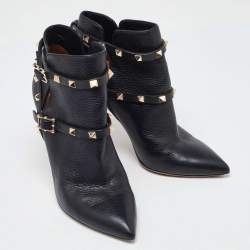Pre Owned Valentino Black Leather Rockstud Pointed Toe Ankle Boots Size 37