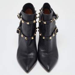 Pre Owned Valentino Black Leather Rockstud Pointed Toe Ankle Boots Size 37
