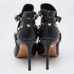 Pre Owned Valentino Black Leather Rockstud Pointed Toe Ankle Boots Size 37