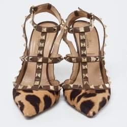 Valentino Brown Leopard Print Calfhair and Leather Rockstud Caged Sandals Size 36.5