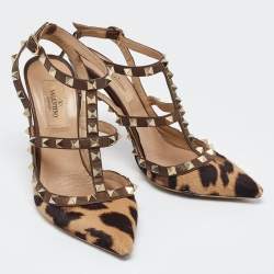 Valentino Brown Leopard Print Calfhair and Leather Rockstud Caged Sandals Size 36.5