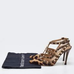 Valentino Brown Leopard Print Calfhair and Leather Rockstud Caged Sandals Size 36.5