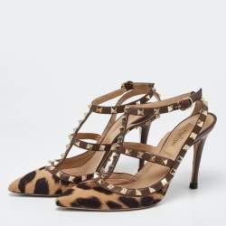 Valentino Brown Leopard Print Calfhair and Leather Rockstud Caged Sandals Size 36.5