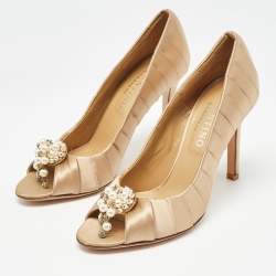 Pre Owned Valentino Beige Satin  Crystal Embellished Open Toe Pumps Size 36.5