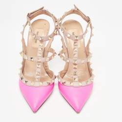 Valentino Pink/Beige Leather Rockstud Ankle Strap  Sandals Size 36.5